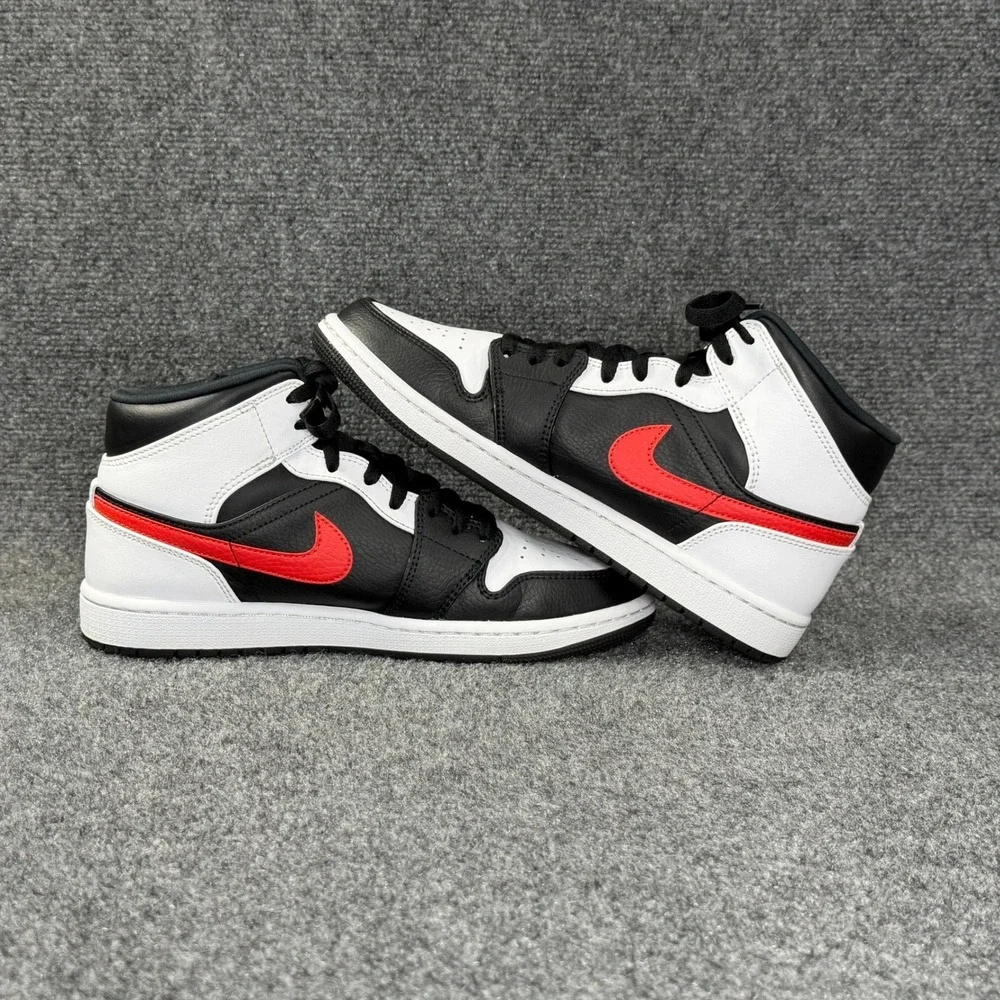 Jordan 1 Mid Shoes Men 8.5 Black Chile Red White Athletic Retro Hooping Sneakers